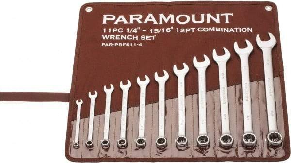 Paramount - 11 Piece, 1/4" to 15/16", Combination Wrench Set - Inch Measurement Standard, Satin Chrome Finish, Comes in Canvas Roll - Best Tool & Supply