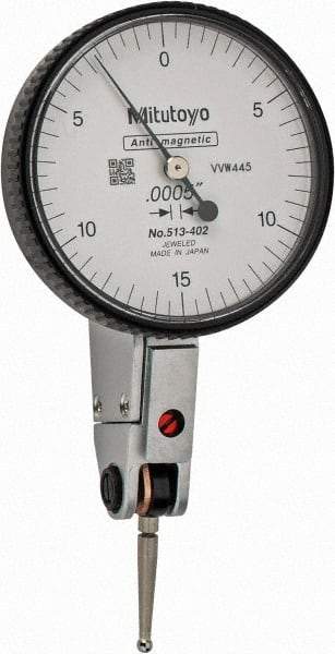 Mitutoyo - 0.03 Inch Range, 0.0005 Inch Dial Graduation, Horizontal Dial Test Indicator - 1.5748 Inch White Dial, 0-15-0 Dial Reading, Accurate to 0.0005 Inch - Best Tool & Supply