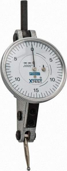 Fowler - 0.06 Inch Range, 0.0005 Inch Dial Graduation, Horizontal Dial Test Indicator - 1-1/2 Inch White Dial, 0-15-0 Dial Reading - Best Tool & Supply