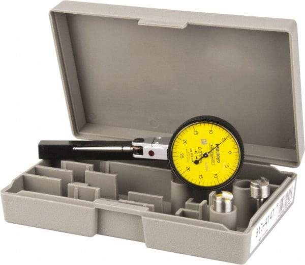 Mitutoyo - 1/2 mm Range, 0.01 mm Dial Graduation, Horizontal Dial Test Indicator - 1.5748 Inch Yellow Dial, 0-25-0 Dial Reading, Accurate to 0.01 Inch - Best Tool & Supply