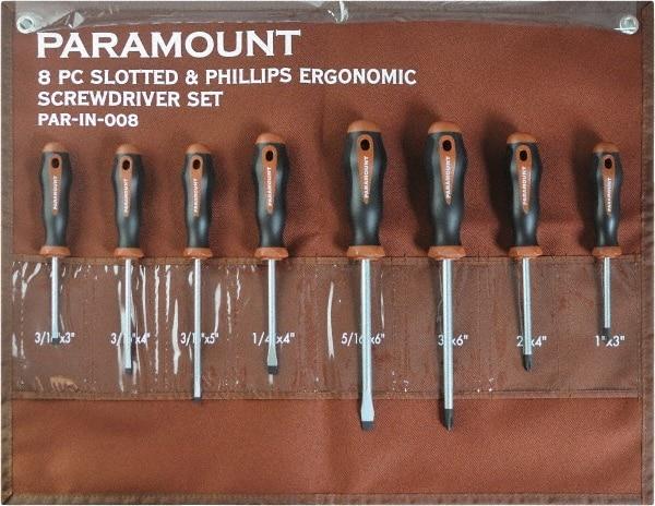 Paramount - 8 Piece Slotted, Phillips & Cabinet Screwdriver Set - Blade Sizes: Width 3/16, 1/4 & 5/16, Bit Sizes: Philips #0 to #3 - Best Tool & Supply