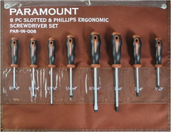 Paramount - 8 Piece Slotted, Phillips & Cabinet Screwdriver Set - Blade Sizes: Width 3/16, 1/4 & 5/16, Bit Sizes: Philips #0 to #3 - Best Tool & Supply