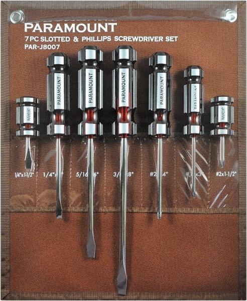 Paramount - 7 Piece Slotted, Phillips & Stubby Screwdriver Set - Blade Sizes: Width 1/4, 5/16 & 3/8, Bit Sizes: Philips #1 & #2 - Best Tool & Supply