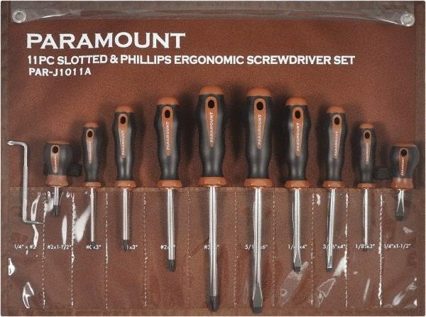 Paramount - 11 Piece Slotted, Phillips, Cabinet & Offset Screwdriver Set - Bit Sizes: Philips #0 to #3 - Best Tool & Supply