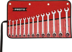 Proto - 13 Piece, 7mm to 19mm, 12 Point Reversible Ratcheting Combination Wrench Set - Metric Measurement Standard, Full Polish Chrome Finish, Comes in Tool Roll - Best Tool & Supply