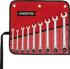 Proto - 9 Piece, 9/32" to 3/4", 12 Point Reversible Ratcheting Combination Wrench Set - Inch Measurement Standard, Full Polish Chrome Finish, Comes in Tool Roll - Best Tool & Supply