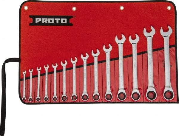 Proto - 14 Piece, 1/4" to 1", 12 Point Ratcheting Combination Wrench Set - Inch Measurement Standard, Full Polish Chrome Finish, Comes in Tool Roll - Best Tool & Supply