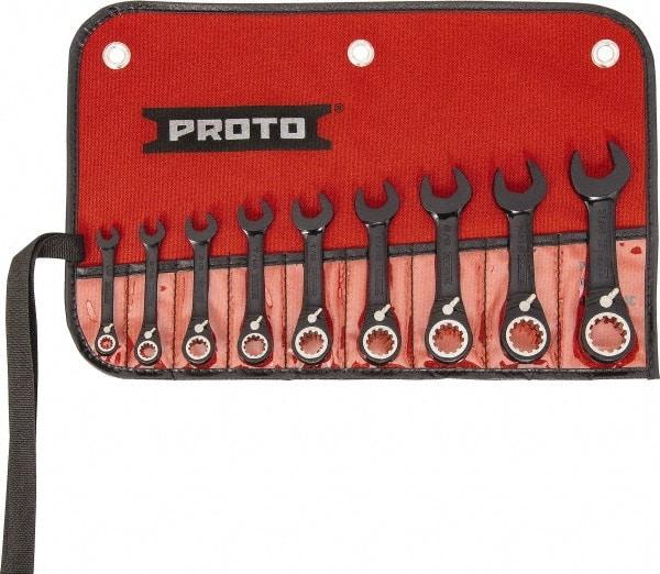 Proto - 9 Piece, 1/4" to 3/4", 12 Point Short Ratcheting Reversible Combination Spline Wrench Set - Inch Measurement Standard, Black/Chrome Finish, Comes in Tool Roll - Best Tool & Supply