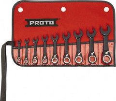 Proto - 9 Piece, 1/4" to 3/4", 12 Point Short Ratcheting Reversible Combination Spline Wrench Set - Inch Measurement Standard, Black/Chrome Finish, Comes in Tool Roll - Best Tool & Supply