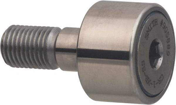 Accurate Bushing - 1" Roller Diam x 5/8" Width, 7/16" Stud Diam x 1" Length, Sealed Stud Cam Follower with Hex - Stainless Steel, 1/2" Thread Length, 7/16-20 Thread, 1.63" OAL, 1,560 Lb Dynamic Cap - Best Tool & Supply