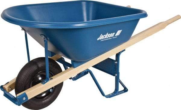 Jackson Professional Tools - 5.75 Cu Ft Capacity Wheelbarrow with 16" Pneumatic Wheel - Wood Handle, 59-1/4" Long x 29-1/2" Wide x 27-1/4" High, Blue - Best Tool & Supply