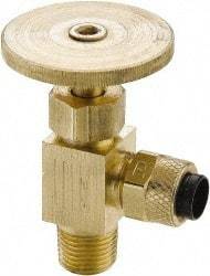 Parker - 1/4" Pipe, Angled Needle Valve - Poly-Tite x MNPTF Ends, Brass Valve, 150 Max psi - Best Tool & Supply