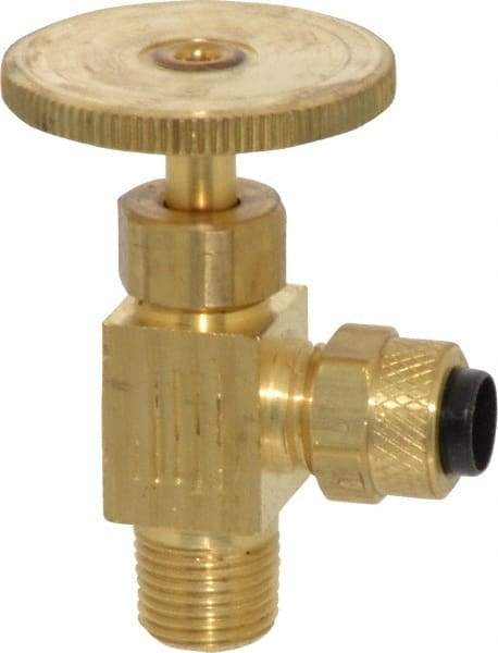 Parker - 1/4 x 1/8" Pipe, Angled Needle Valve - Poly-Tite x MNPTF Ends, Brass Valve, 150 Max psi - Best Tool & Supply