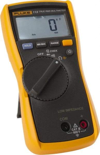 Fluke - 113, CAT IV, 600 VAC/VDC, Digital True RMS Auto Ranging Manual Ranging Multimeter - 60,000 Ohm, Measures Voltage, Resistance - Best Tool & Supply