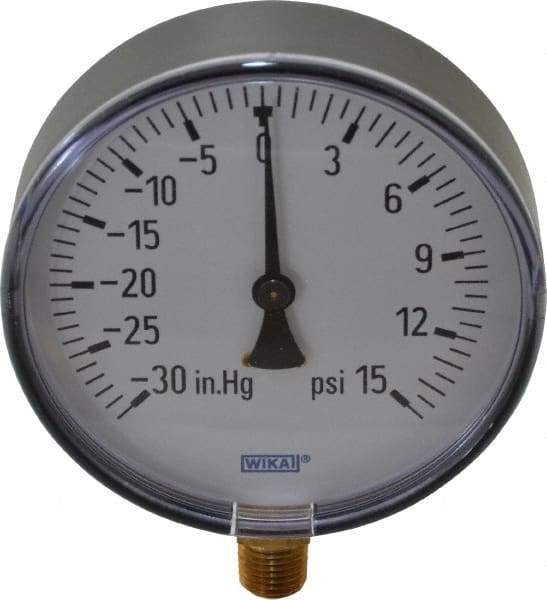 Wika - 4" Dial, 1/4 Thread, 30-0-15 Scale Range, Pressure Gauge - Lower Connection Mount, Accurate to 3-2-3% of Scale - Best Tool & Supply