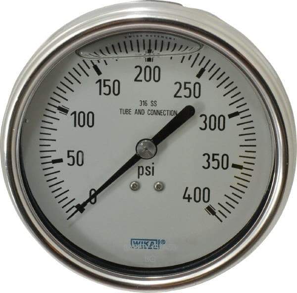 Wika - 4" Dial, 1/4 Thread, 0-400 Scale Range, Pressure Gauge - Lower Back Connection Mount, Accurate to 1% of Scale - Best Tool & Supply