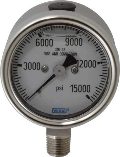 Wika - 2-1/2" Dial, 1/4 Thread, 0-15,000 Scale Range, Pressure Gauge - Lower Connection Mount, Accurate to 2-1-2% of Scale - Best Tool & Supply