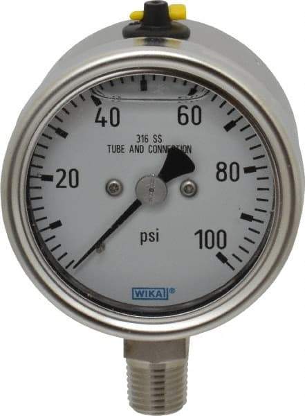 Wika - 2-1/2" Dial, 1/4 Thread, 100 Scale Range, Pressure Gauge - Lower Connection Mount, Accurate to 2-1-2% of Scale - Best Tool & Supply