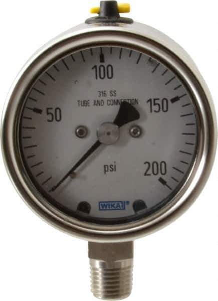 Wika - 2-1/2" Dial, 1/4 Thread, 200 Scale Range, Pressure Gauge - Lower Connection Mount, Accurate to 2-1-2% of Scale - Best Tool & Supply