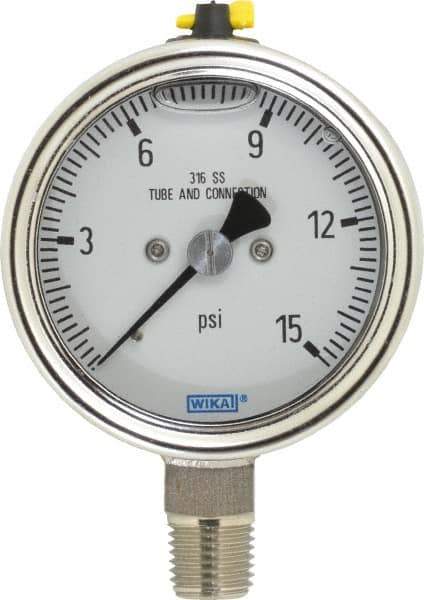 Wika - 2-1/2" Dial, 1/4 Thread, 15 Scale Range, Pressure Gauge - Lower Connection Mount, Accurate to 2-1-2% of Scale - Best Tool & Supply