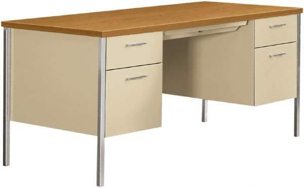 Hon - Woodgrain Laminate/Metal Double Pedestal Desk with Center Drawer - 62-3/4, 60" Wide x 30" Deep x 22-1/2, 29" High, Harvest/Putty - Best Tool & Supply