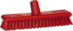 Vikan - 1.3" Bristle Length, Polyester Scrub Brush - 10-3/4" Long x 2-1/2" Wide Head, 11" OAL, European Threaded Handle, Red, Polypropylene Block - Best Tool & Supply