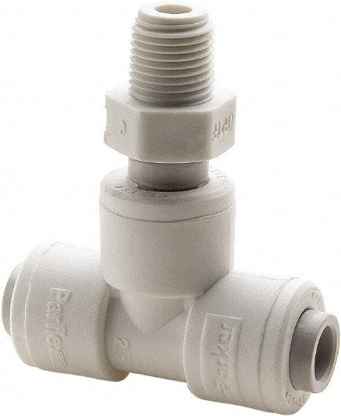 Push-To-Connect Tube Fitting: Male Swivel Branch Tee, 3/8 x 3/8″ OD Polypropylene, 150 psi