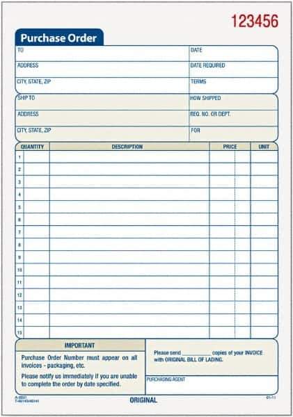 TOPS - 50 Sheet, 5-9/16 x 7-15/16", Purchase Order Book - White - Best Tool & Supply