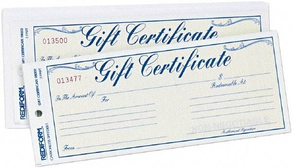 REDIFORM - 25 Sheet, 8-1/2 x 3-2/3", Gift Certificates - White - Best Tool & Supply