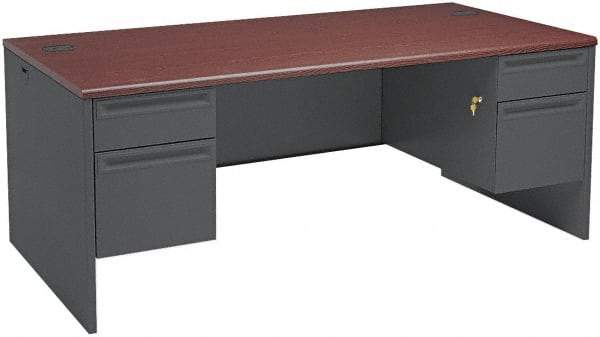 Hon - Steel-Reinforced High-Pressure Laminate/Metal Double Pedestal Desk - 72" Wide x 36" Deep x 29" High, Mahogany/Charcoal - Best Tool & Supply