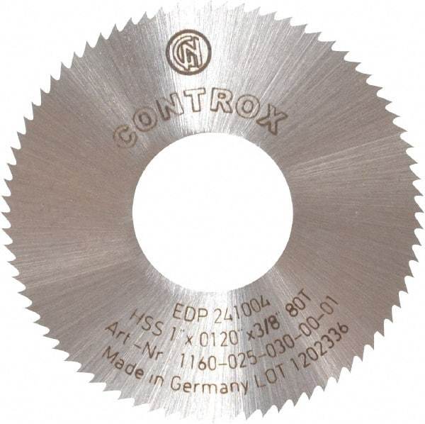 Controx - 1" Diam x 0.012" Blade Thickness x 3/8" Arbor Hole Diam, 80 Tooth Slitting and Slotting Saw - Arbor Connection, Right Hand, Uncoated, High Speed Steel, Concave Ground - Best Tool & Supply