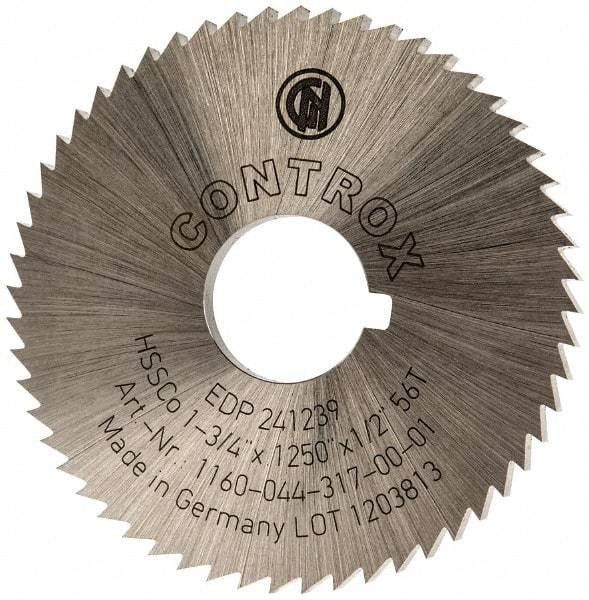 Controx - 1-3/4" Diam x 1/8" Blade Thickness x 1/2" Arbor Hole Diam, 56 Tooth Slitting and Slotting Saw - Arbor Connection, Right Hand, Uncoated, Cobalt, Concave Ground, Contains Keyway - Best Tool & Supply