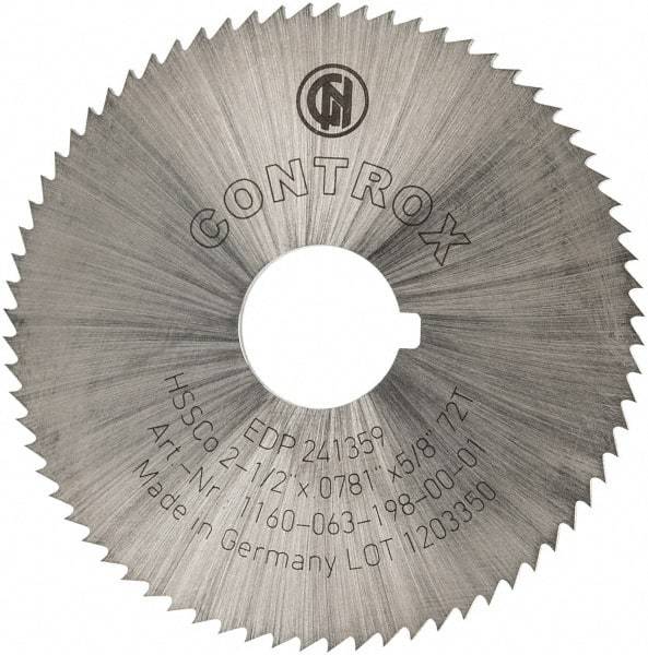 Controx - 2-1/2" Diam x 0.0781" Blade Thickness x 5/8" Arbor Hole Diam, 72 Tooth Slitting and Slotting Saw - Arbor Connection, Right Hand, Uncoated, Cobalt, Concave Ground, Contains Keyway - Best Tool & Supply