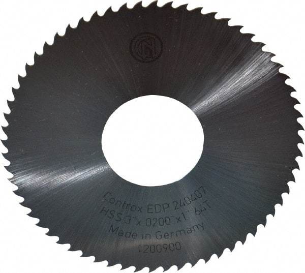 Controx - 3" Diam x 0.02" Blade Thickness x 1" Arbor Hole Diam, 64 Tooth Slitting and Slotting Saw - Arbor Connection, Right Hand, Uncoated, High Speed Steel, 15° Rake, Concave Ground - Best Tool & Supply