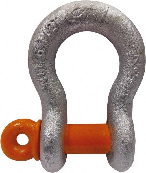 CM - 5/8" Nominal Chain Size, 3.25 Ton Carbon Steel Screw Anchor Shackle - 27/32" Diam, 3/4" Pin Diam, 1-1/16" Wide Inside Jaw, 1-1/2" Inside Width - Best Tool & Supply