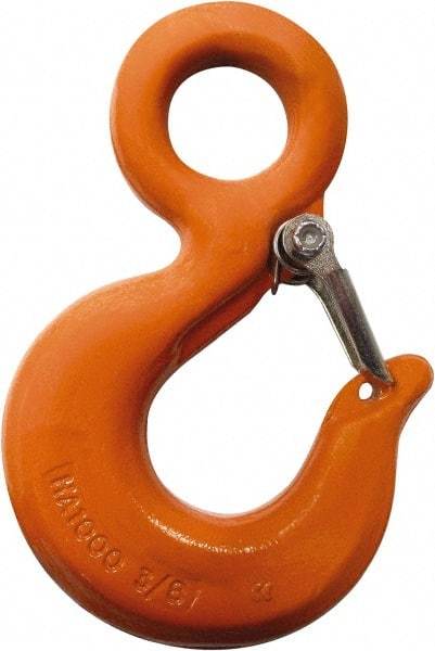 CM - Chain Grade 100, 2,700 Lbs. Load Limit Eye Rigging Hook with Latch - 0.93 Inch Hook Throat, 3.13 Inch Reach, 3/4 Inch Eye Inside Diameter, 0.21875 Inch Chain Diameter, 4.37 Inch Overall Length, 0.38 Inch Eye Thickness - Best Tool & Supply