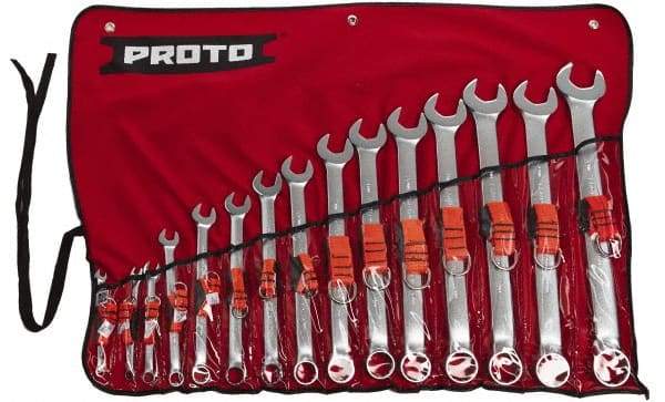 Proto - 15 Piece, 7mm to 32mm, 12 Point Tethered Combination Wrench Set - Metric Measurement Standard, Satin Chrome Finish, Comes in Nylon Roll - Best Tool & Supply