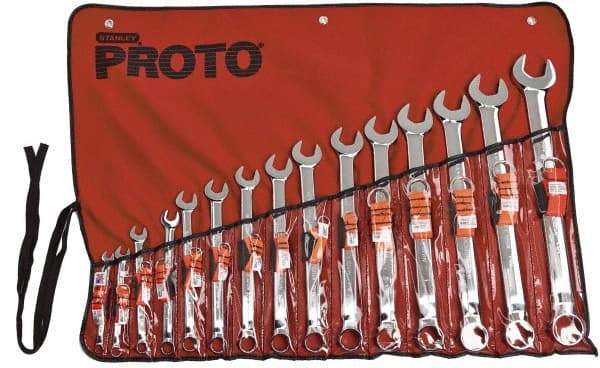 Proto - 15 Piece, 5/16" to 1-1/4", 12 Point Tethered Combination Wrench Set - Inch Measurement Standard, Satin Chrome Finish, Comes in Nylon Roll - Best Tool & Supply