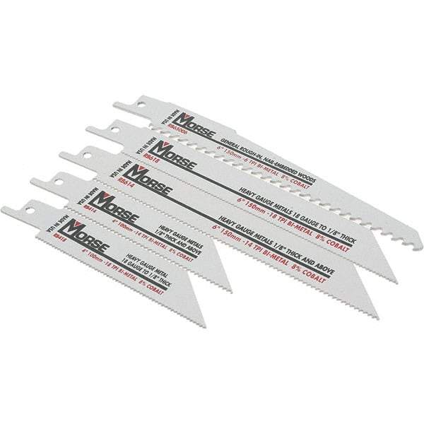 M.K. MORSE - 5 Pieces, 4" to 6" Long x 0.035" to 0.05" Thickness, Bi-Metal Reciprocating Saw Blade Set - Tapered Profile, 10 to 18 Teeth, Toothed Edge - Best Tool & Supply