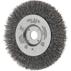 Weiler - 4" OD, 1/2" Arbor Hole, Crimped Steel Wheel Brush - 1/2" Face Width, 13/16" Trim Length, 0.014" Filament Diam, 6,000 RPM - Best Tool & Supply