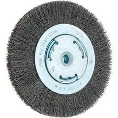 Weiler - 6" OD, 5/8" Arbor Hole, Crimped Steel Wheel Brush - 1-1/8" Face Width, 1-1/8" Trim Length, 0.014" Filament Diam, 6,000 RPM - Best Tool & Supply