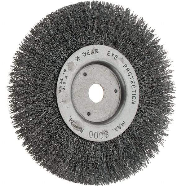 Weiler - 6" OD, 5/8" Arbor Hole, Crimped Steel Wheel Brush - 3/4" Face Width, 1-1/8" Trim Length, 0.014" Filament Diam, 6,000 RPM - Best Tool & Supply