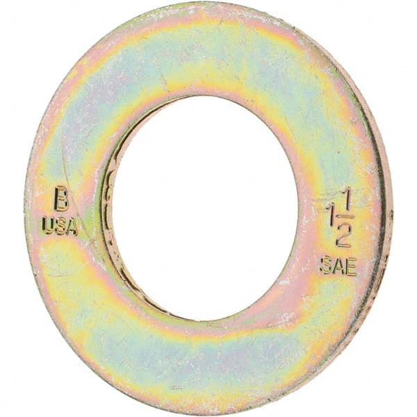 1.5″ Screw SAE Flat Washer: Carbon Steel, Zinc-Plated Yellow Chromate 1-5/8″ ID, 3″ OD, 3/16″ Thick