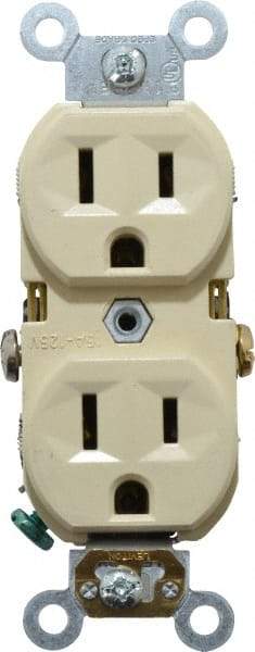 Leviton - 125 VAC, 15 Amp, 5-15R NEMA Configuration, Ivory, Specification Grade, Self Grounding Duplex Receptacle - 1 Phase, 2 Poles, 3 Wire, Flush Mount, Tamper Resistant - Best Tool & Supply