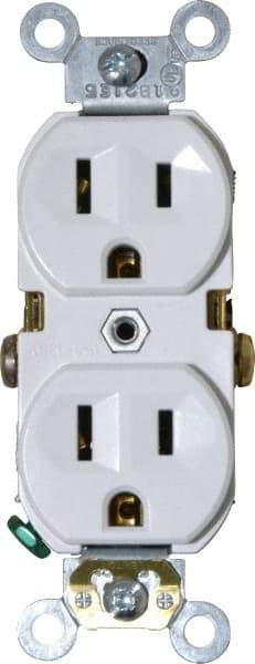 Leviton - 125 VAC, 15 Amp, 5-15R NEMA Configuration, White, Specification Grade, Self Grounding Duplex Receptacle - 1 Phase, 2 Poles, 3 Wire, Flush Mount, Tamper Resistant - Best Tool & Supply