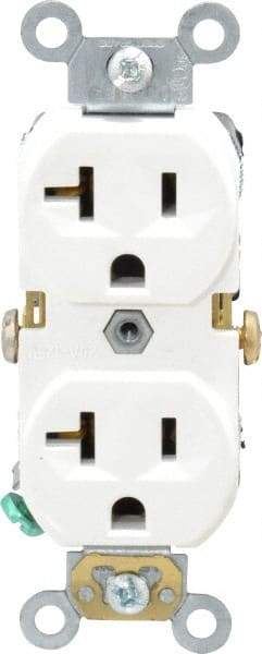 Leviton - 125 VAC, 20 Amp, 5-20R NEMA Configuration, White, Specification Grade, Self Grounding Duplex Receptacle - 1 Phase, 2 Poles, 3 Wire, Flush Mount, Tamper Resistant - Best Tool & Supply