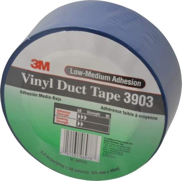 3M - 2" x 50 Yds Blue Duct Tape - 6.5 mil, Rubber Adhesive, Vinyl Backing, 12.6 Lb/ln Tensile Strength, 200°F Max, Series 3903 - Best Tool & Supply