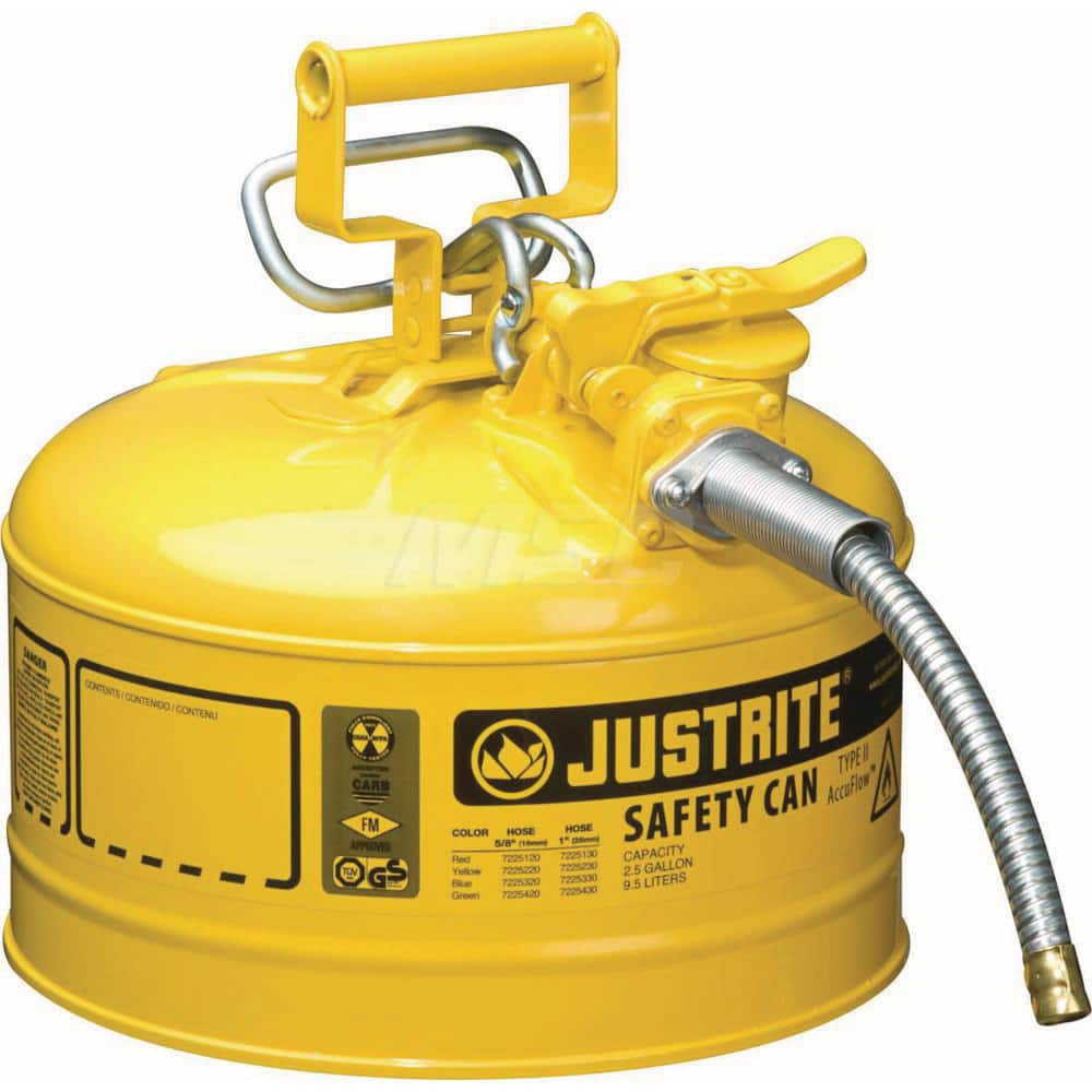 Justrite - Safety Dispensing Cans; Capacity: 2.5 Gal ; Material: Steel ; Color: Yellow ; Height (Decimal Inch): 12.000000 ; Diameter/Length (mm): 11.75 ; Approval Listing/Regulations: FM Approved; UL; ULC; TUV - Exact Industrial Supply