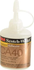 3M - 1 oz Bottle Yellow Instant Adhesive - Series CA40, 3 to 20 sec Fixture Time, 24 hr Full Cure Time, Bonds to Cardboard, Cork Board, Fabric, Fiberglass, Foam, Metal, Plastic, Rubber & Vinyl - Best Tool & Supply