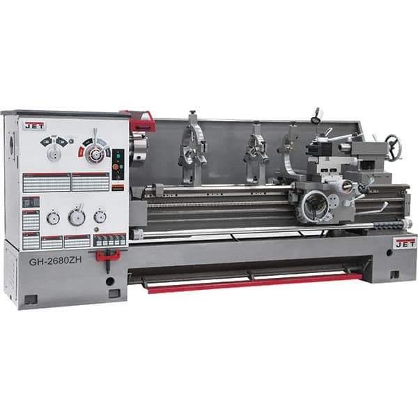 Jet - 26" Swing, 80" Between Centers, 230 Volt, Triple Phase Engine Lathe - 6MT Taper, 10 hp, 40 to 1,800 RPM, 4-1/8" Bore Diam, 43" Deep x 57" High x 138" Long - Best Tool & Supply